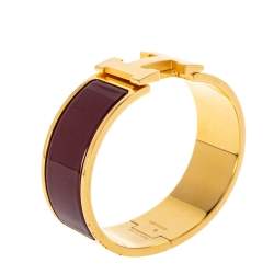 Pre Owned Hermès Clic Clac H Rouge Enamel Gold Plated Wide Bracelet PM