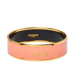 Pre Owned Hermès Peach Enamel Gold Plated Caleche Bangle Bracelet