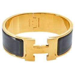 Pre Owned Hermes Clic Clac H Black Enamel Gold Plated Wide Bracelet PM