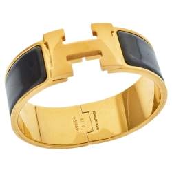 Pre Owned Hermes Clic Clac H Black Enamel Gold Plated Wide Bracelet PM