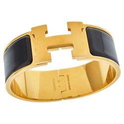 Pre Owned Hermes Clic Clac H Black Enamel Gold Plated Wide Bracelet PM