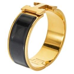 Pre Owned Hermes Clic Clac H Black Enamel Gold Plated Wide Bracelet PM