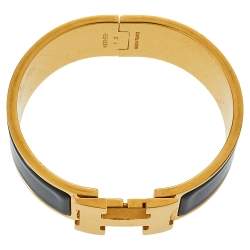 Pre Owned Hermes Clic Clac H Black Enamel Gold Plated Wide Bracelet PM