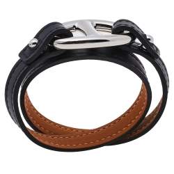 Pre Owned Hermès Black Swift Leather Granville Double Tour Bracelet S
