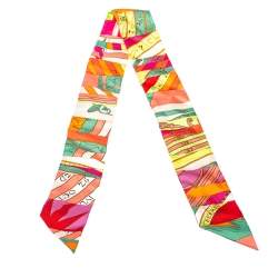 Pre Owned Hermes Multicolor Rose Corail Vert Fluo Astrologie Silk Twilly
