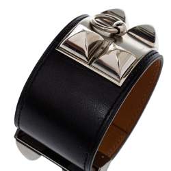 Pre Owned Hermès Collier de Chien Black Leather Palladium Plated Wide Bracelet S