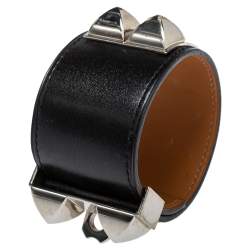 Pre Owned Hermès Collier de Chien Black Leather Palladium Plated Wide Bracelet S