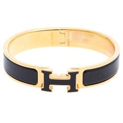 Pre Owned Hermès Clic H Black Enamel Gold Plated Narrow Bracelet PM