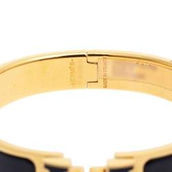 Pre Owned Hermès Clic H Black Enamel Gold Plated Narrow Bracelet PM
