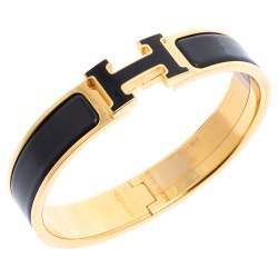 Pre Owned Hermès Clic H Black Enamel Gold Plated Narrow Bracelet PM