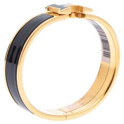 Pre Owned Hermès Clic H Black Enamel Gold Plated Narrow Bracelet PM