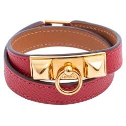 Pre Owned Hermès Red Leather Rivale Double Tour Bracelet S