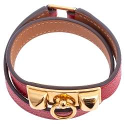 Pre Owned Hermès Red Leather Rivale Double Tour Bracelet S