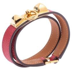 Pre Owned Hermès Red Leather Rivale Double Tour Bracelet S