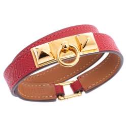 Pre Owned Hermès Red Leather Rivale Double Tour Bracelet S