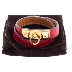 Pre Owned Hermès Red Leather Rivale Double Tour Bracelet S