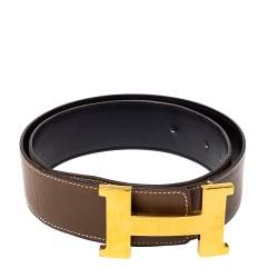 Pre Owned Hermes Taupe/Black Swift Leather Reversible Constance Belt 80 CM