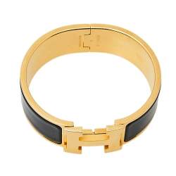 Pre Owned Hermès Clic Clac H Black Enamel Gold Plated Wide Bracelet PM