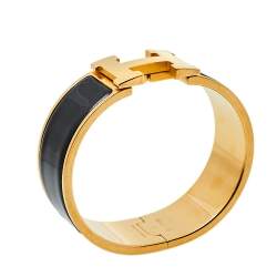Pre Owned Hermès Clic Clac H Black Enamel Gold Plated Wide Bracelet PM