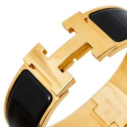 Pre Owned Hermès Clic Clac H Black Enamel Gold Plated Wide Bracelet PM