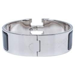 مملوكة مسبقًا Hermès Clic Clac H Black Enamel Palladium Plated Wide Bracelet GM