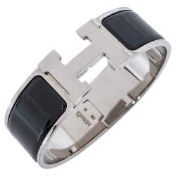 مملوكة مسبقًا Hermès Clic Clac H Black Enamel Palladium Plated Wide Bracelet GM