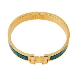 Pre Owned Hermès Clic H Green Enamel Gold Plated Narrow Bracelet PM