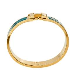 Pre Owned Hermès Clic H Green Enamel Gold Plated Narrow Bracelet PM