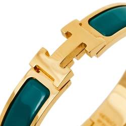 Pre Owned Hermès Clic H Green Enamel Gold Plated Narrow Bracelet PM