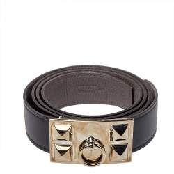 Pre Owned Hermes Black Swift and Togo Leather Reversible Collier De Chien Buckle Belt 95CM