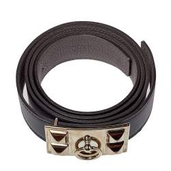 Pre Owned Hermes Black Swift and Togo Leather Reversible Collier De Chien Buckle Belt 95CM