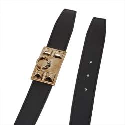 Pre Owned Hermes Black Swift and Togo Leather Reversible Collier De Chien Buckle Belt 95CM