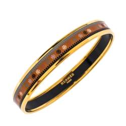 Pre Owned Hermès Orange Printed Enamel Gold Plated Bangle Bracelet