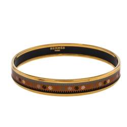 Pre Owned Hermès Orange Printed Enamel Gold Plated Bangle Bracelet