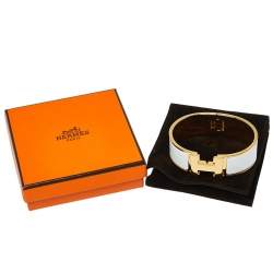Pre Owned Hermès Clic Clac H White Enamel Gold Plated Wide Bracelet