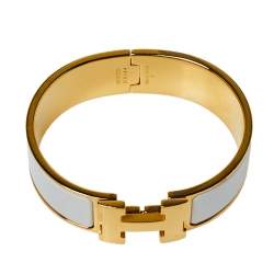 Pre Owned Hermès Clic Clac H White Enamel Gold Plated Wide Bracelet