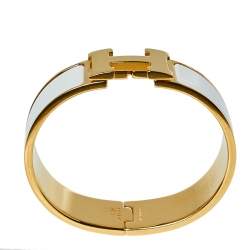 Pre Owned Hermès Clic Clac H White Enamel Gold Plated Wide Bracelet