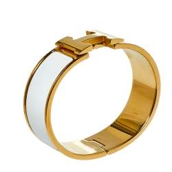 Pre Owned Hermès Clic Clac H White Enamel Gold Plated Wide Bracelet