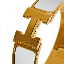Pre Owned Hermès Clic Clac H White Enamel Gold Plated Wide Bracelet