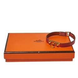 Pre Owned Hermès Micro Rivale Swift Leather Gold Plated Bracelet S