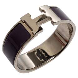 Pre Owned Hermès Clic Clac H Purple Enamel Palladium Plated Wide Bracelet PM