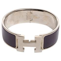 Pre Owned Hermès Clic Clac H Purple Enamel Palladium Plated Wide Bracelet PM