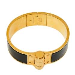 Pre Owned Hermes Charniere Gold Plated Black Enamel Uni Wide Hinged Bracelet S