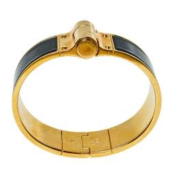 Pre Owned Hermes Charniere Gold Plated Black Enamel Uni Wide Hinged Bracelet S