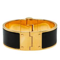 Pre Owned Hermes Charniere Gold Plated Black Enamel Uni Wide Hinged Bracelet S