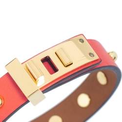 Pre Owned Hermes Orange Leather Gold Plated Mini Dog Clous Ronds Bracelet Size T2