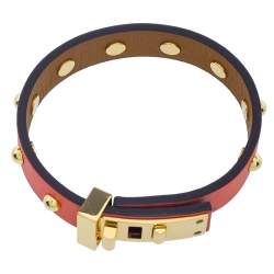 Pre Owned Hermes Orange Leather Gold Plated Mini Dog Clous Ronds Bracelet Size T2