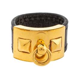 Pre Owned Hermes Collier De Chien Gold Plated and Black Leather Band Ring Size EU 61