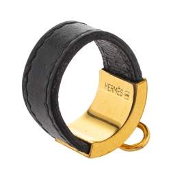 Pre Owned Hermes Collier De Chien Gold Plated and Black Leather Band Ring Size EU 61