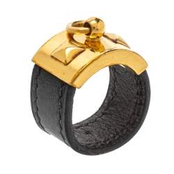 Pre Owned Hermes Collier De Chien Gold Plated and Black Leather Band Ring Size EU 61